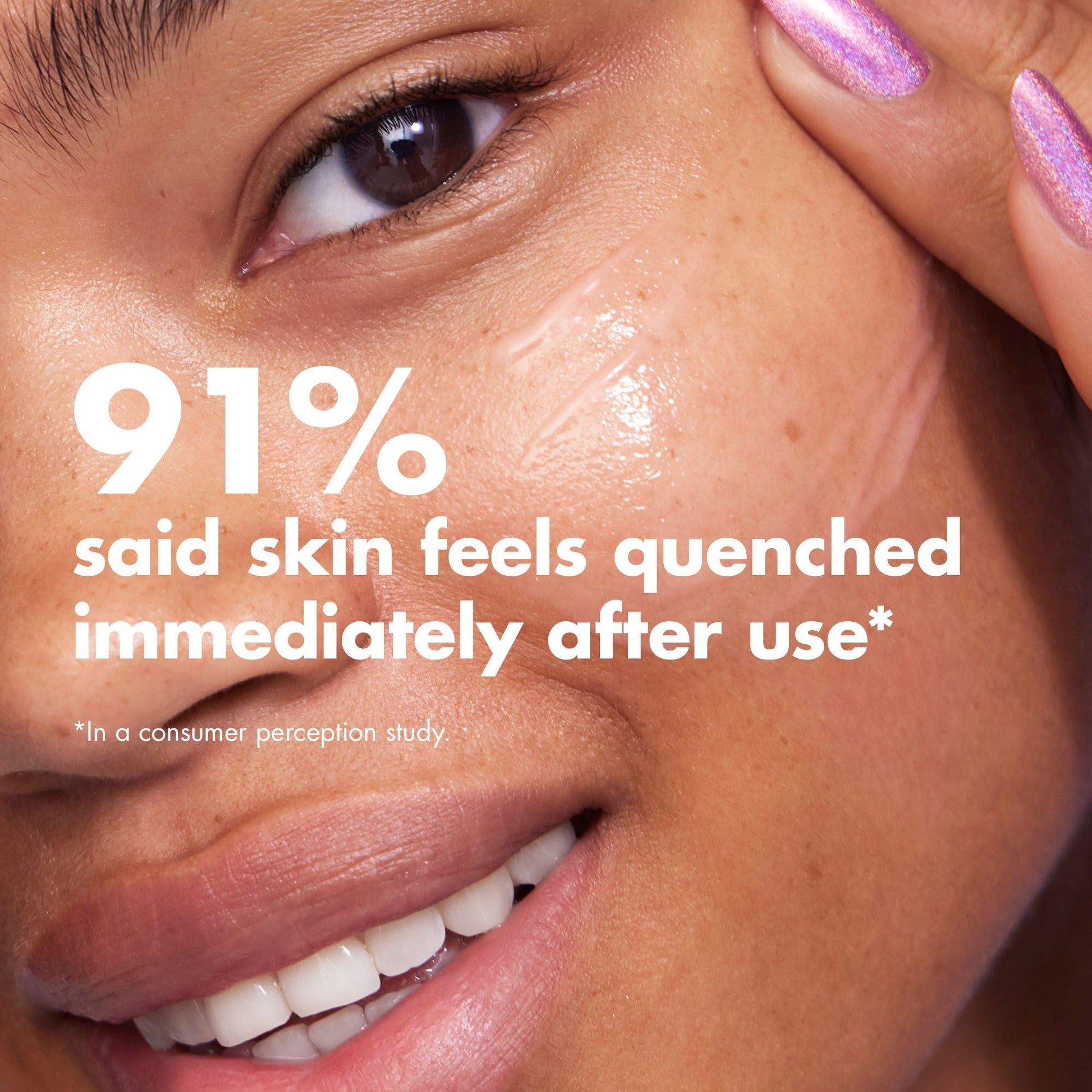 Close-up of a woman's face using Thirst Burst Drops with text about skin hydration and a consumer perception study
