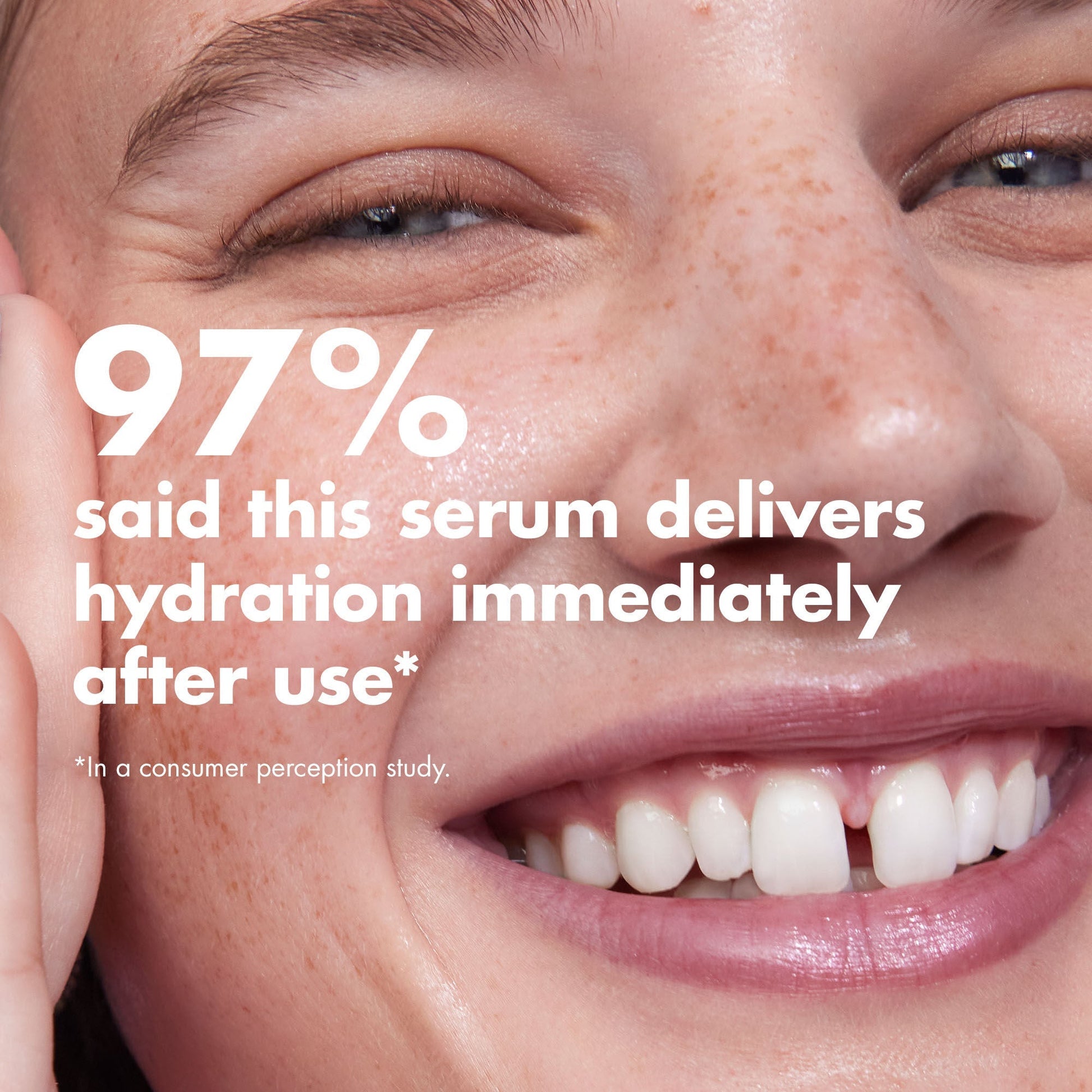 Close-up of a person's face with text about Thirst Burst brightening serum delivering hydration immediately after use.