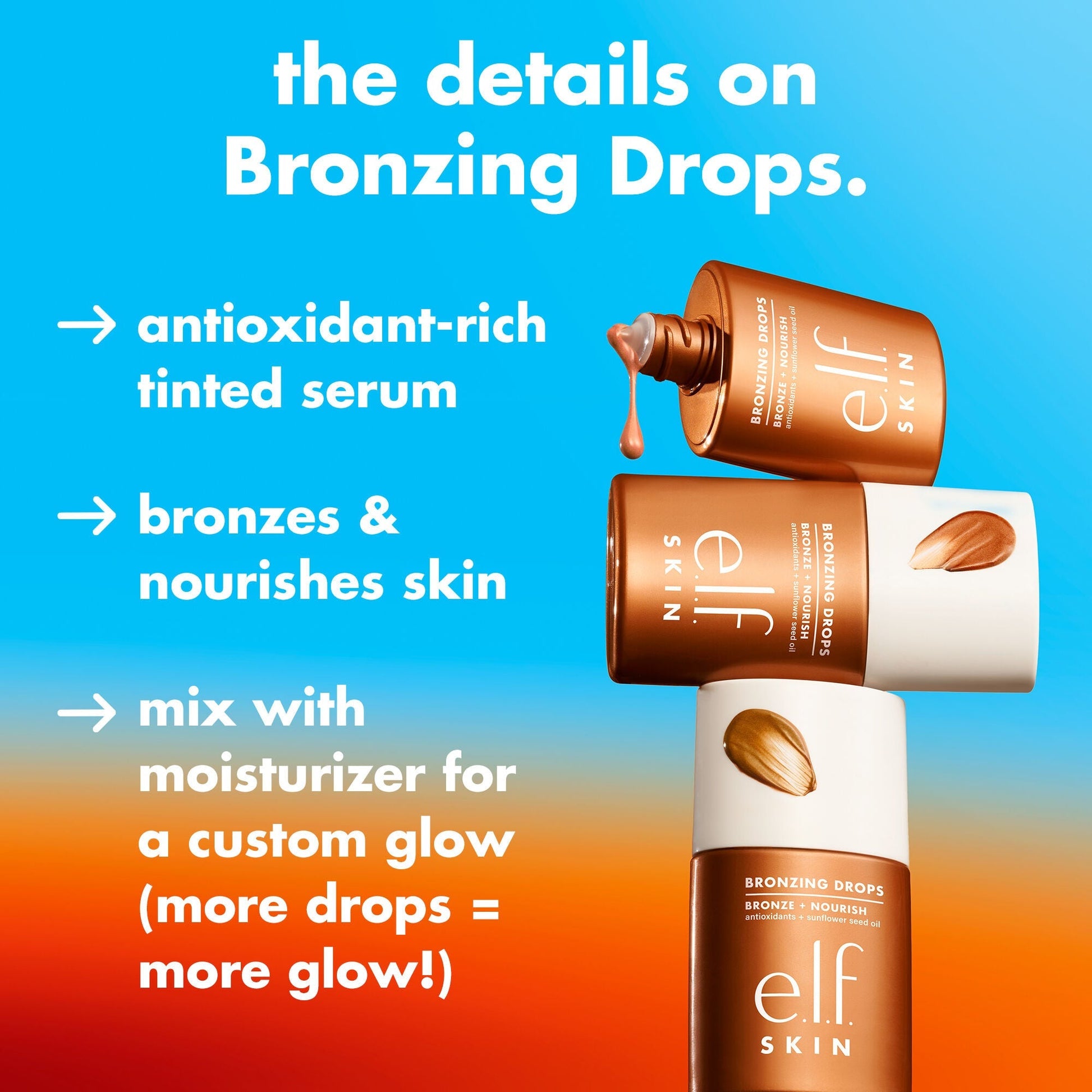 elf Skin bronzing drops with product details on a blue and orange gradient background